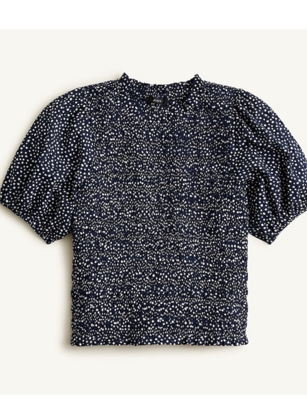 J Crew Smocked Navy Polka Dot Puff-Sleeve Top